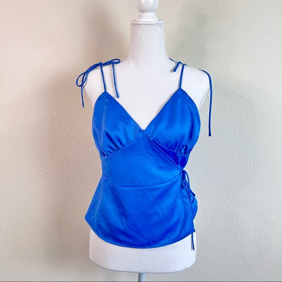 NWT Fashion Union Royal Blue Satin Wrap Self-Tie Peplum Cami Tank Top - Picture 7 of 12